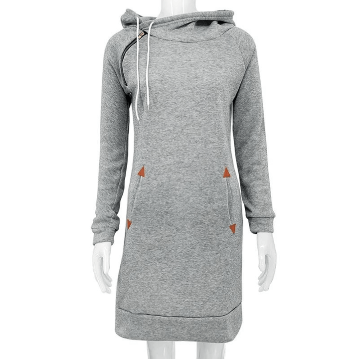 Casual long-sleeve hooded dress with pockets, perfect for comfort wear.