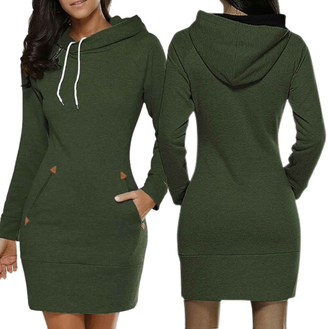 Winter-ready women's hooded dress, cozy style with pockets for comfort.