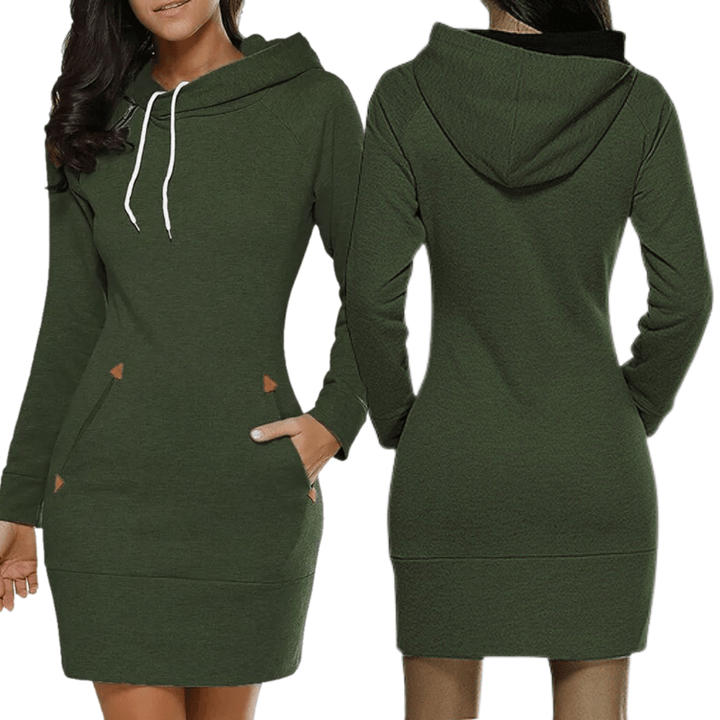 Winter-ready women's hooded dress, cozy style with pockets for comfort.