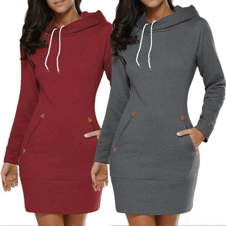 Versatile hooded sweatshirt dress, long sleeve, pockets; ideal for casual wear.
