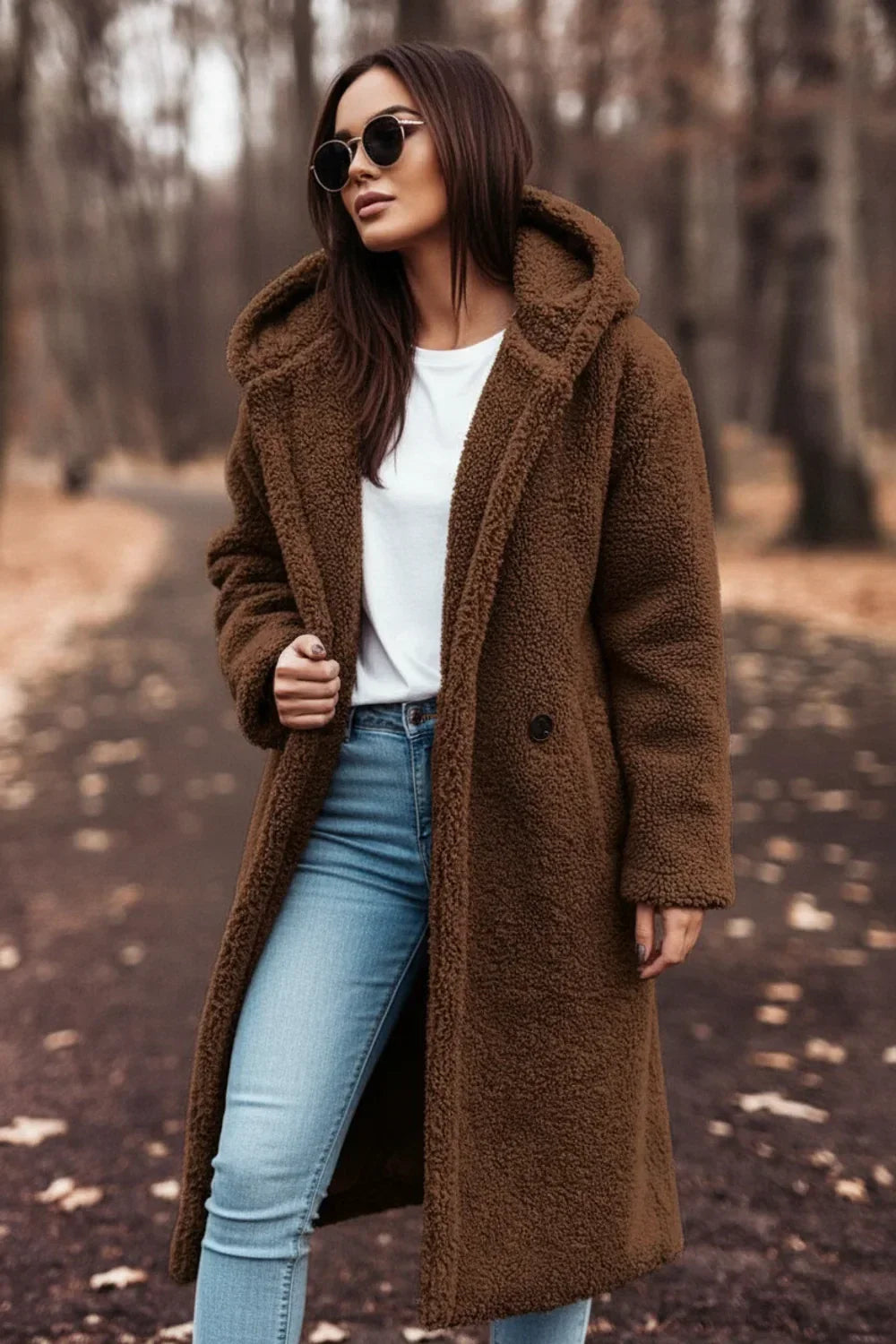 Women's hooded teddy coat, an oversized plush jacket. Cozy winter outerwear, warm and chic for casual fashion.