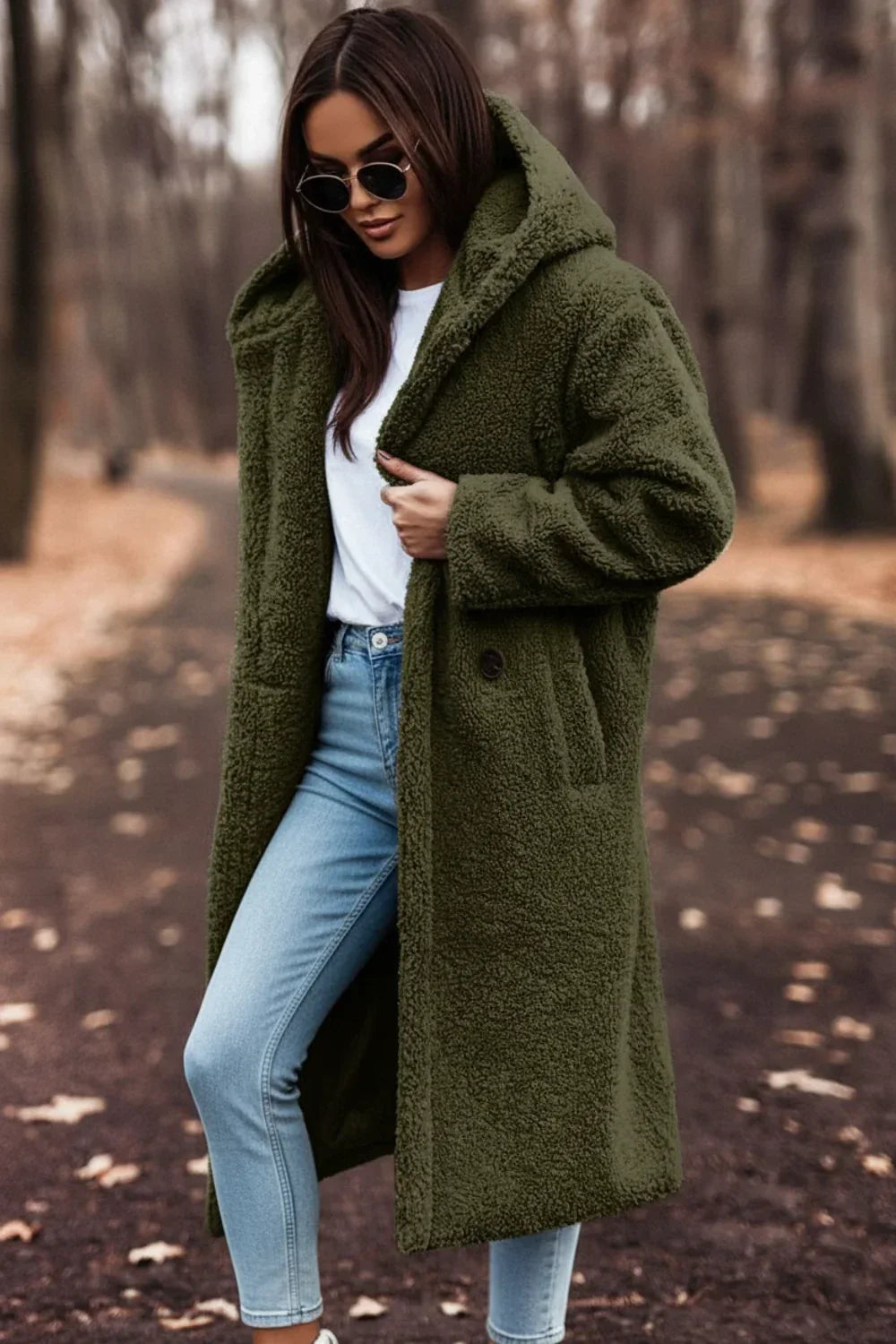 Warm hooded teddy coat for women. Oversized plush jacket, ideal cozy outerwear for winter fashion & chic style.