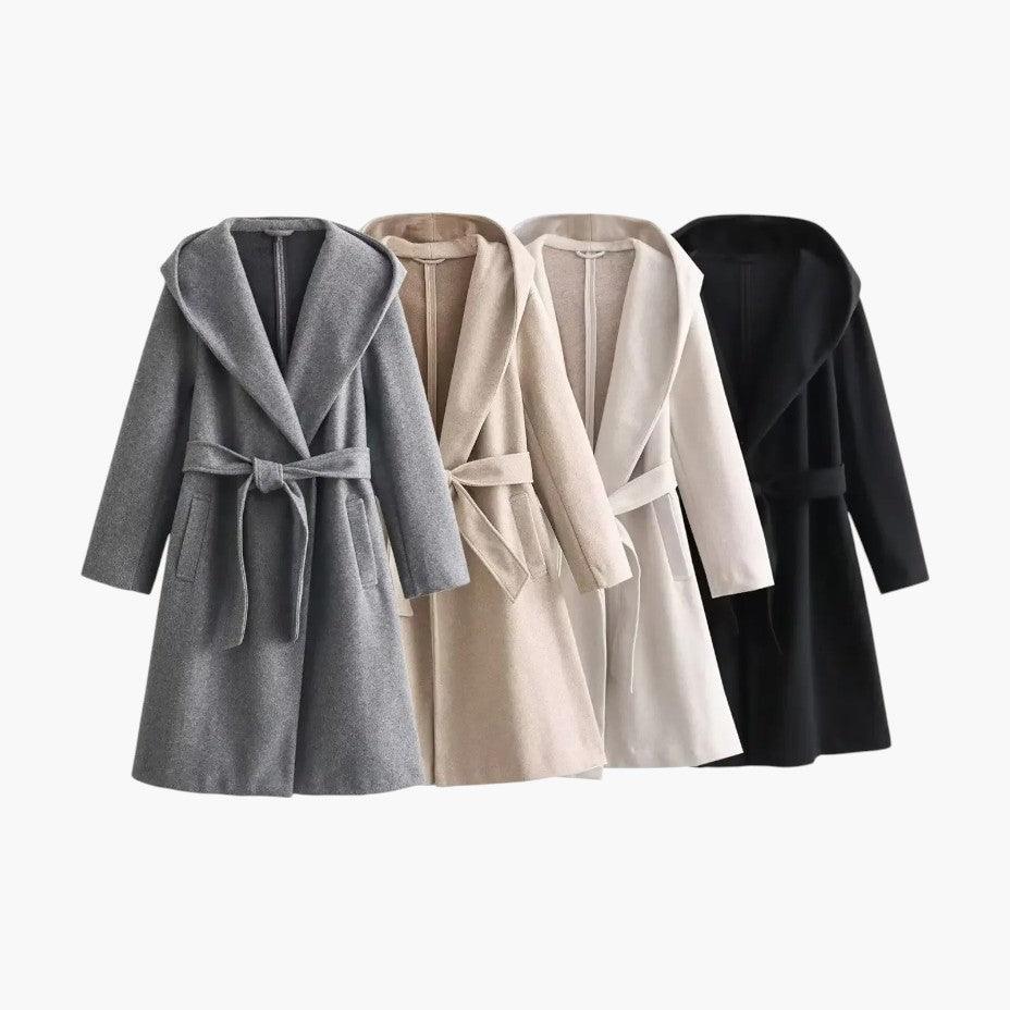 Women's hooded trench coat, button front, and belted waist. Essential all-weather long coat for fall & spring.