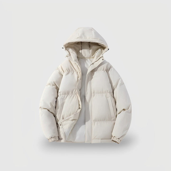 Stylish women's puffer jacket with hood, perfect for winter fashion & warmth