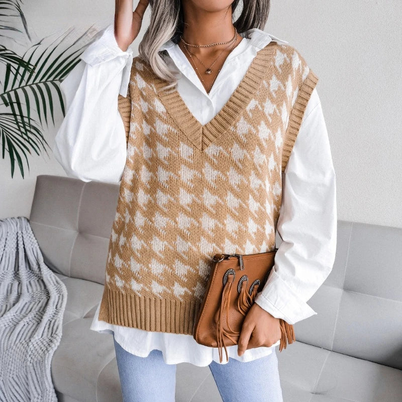 Women's houndstooth knit vest top, chic sleeveless design for fall and winter layering.