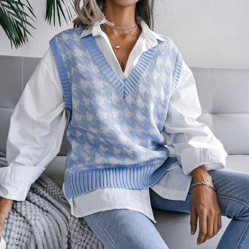Versatile women's houndstooth knit vest top, excellent for chic layering in fall/winter.