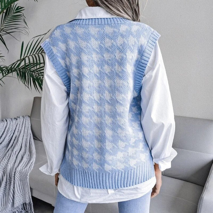 Stylish V-neck women's houndstooth knit vest, a chic layering piece for elegant fall fashion.