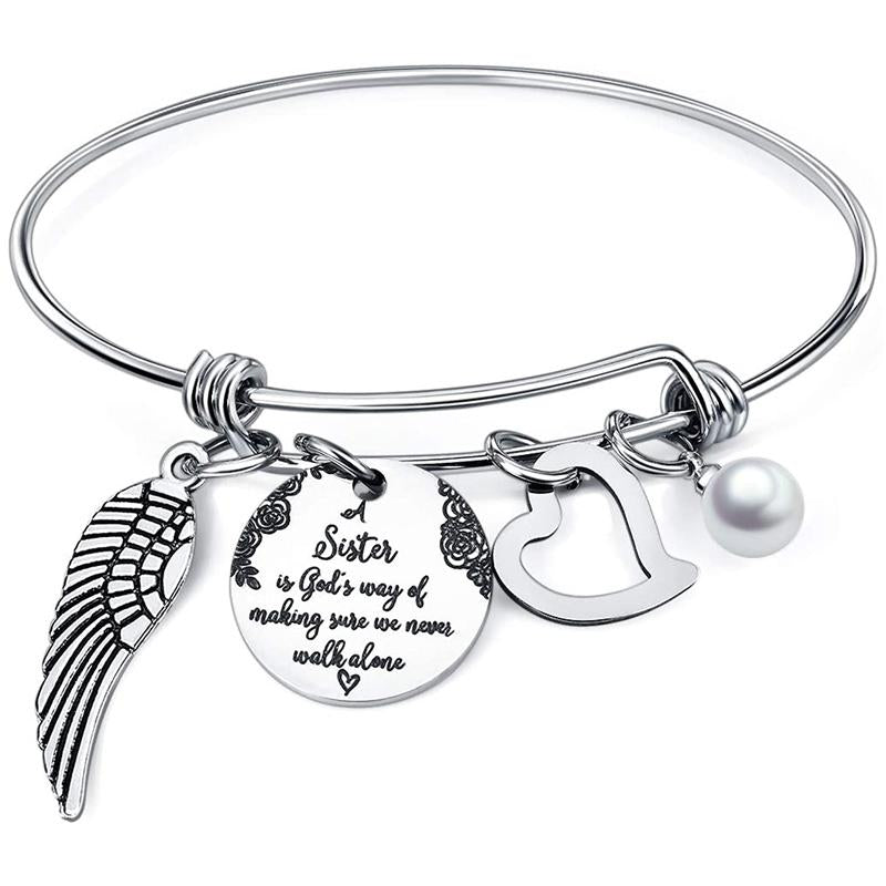 Women's inspirational stainless steel sister bangle, adjustable friendship bracelet gift
