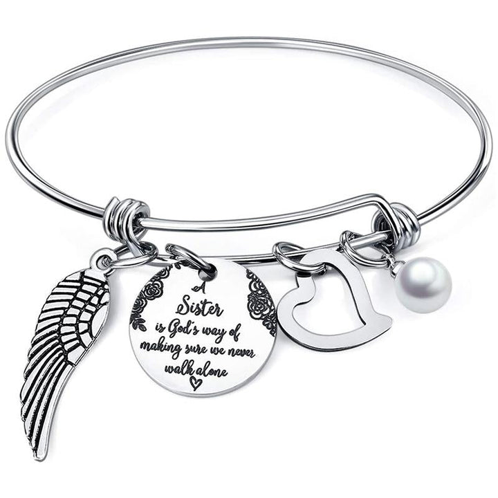 Women's inspirational stainless steel sister bangle, adjustable friendship bracelet gift