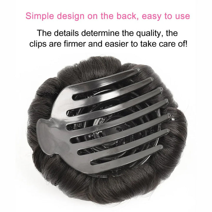 Flower bun hair clip extension on a mannequin head, demonstrating a natural fit