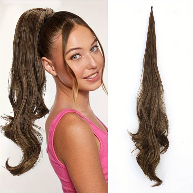 Wrap-around wavy ponytail extension for women, providing instant hair volume and a quick, elegant style.