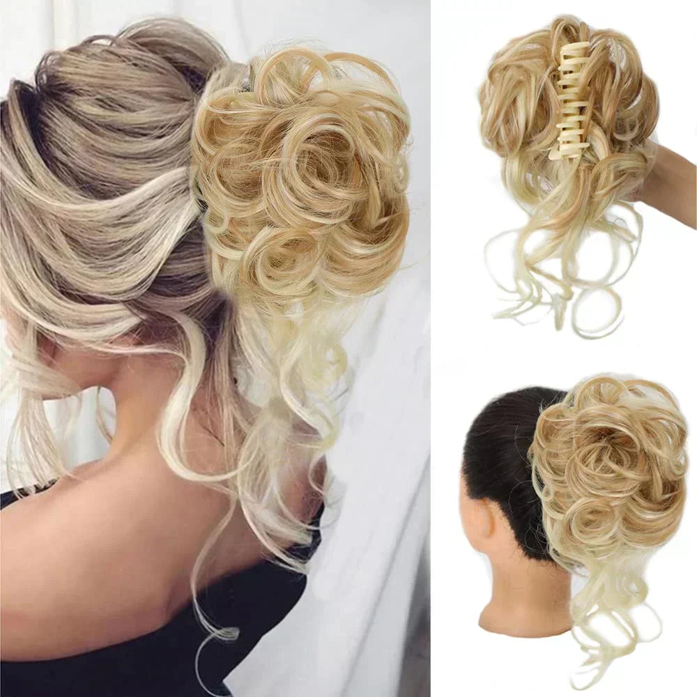 Achieve a perfect curly messy bun updo with this instant volumizing hair clip, easy styling.