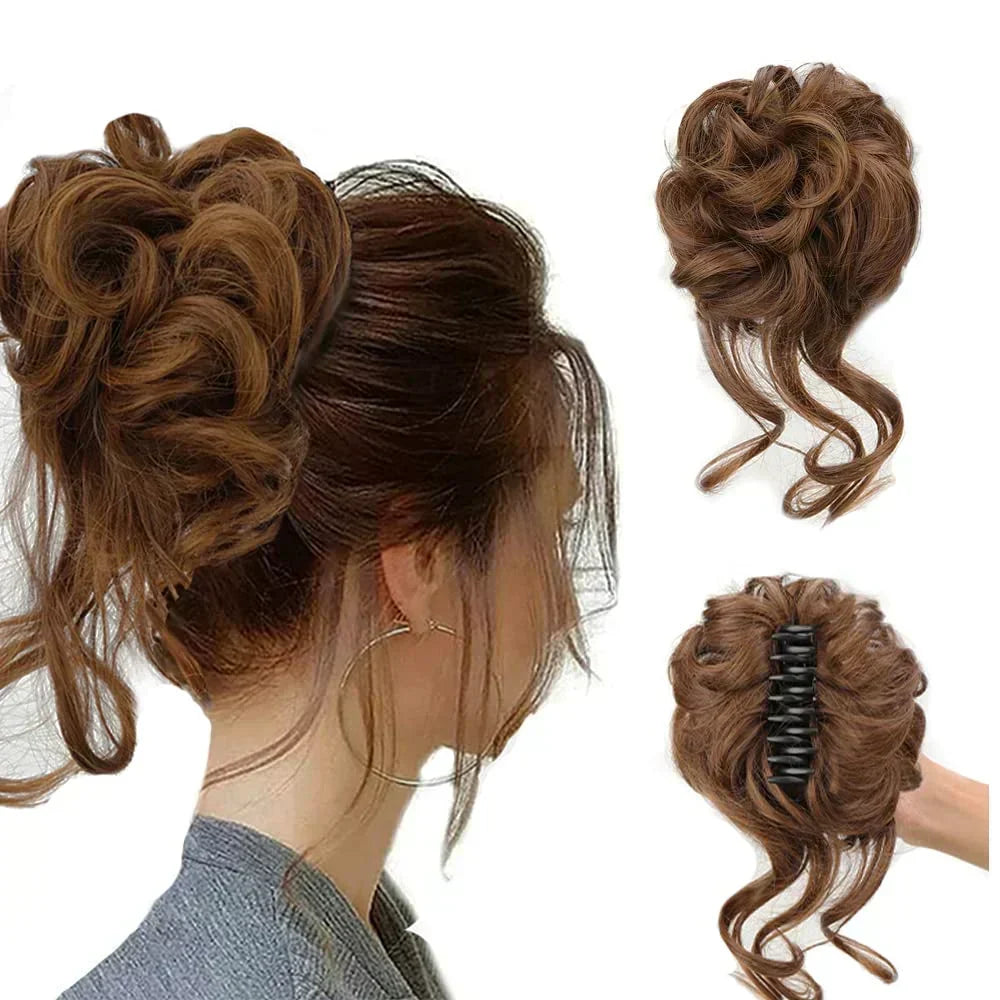 Instant volume curly messy bun hair clip, a chic and easy way to style women's updos.