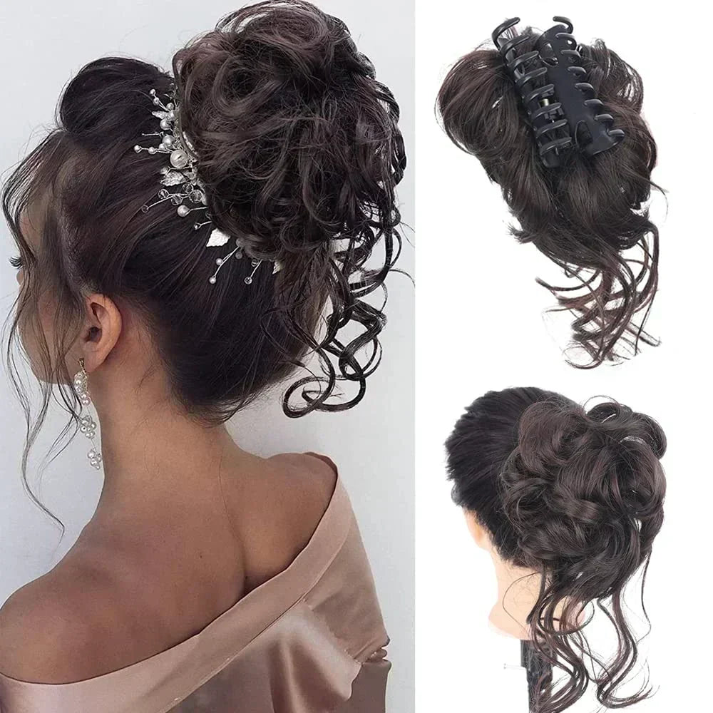 Women's curly updo hair clip. Instant messy bun volume for a quick, stylish hair accessory.