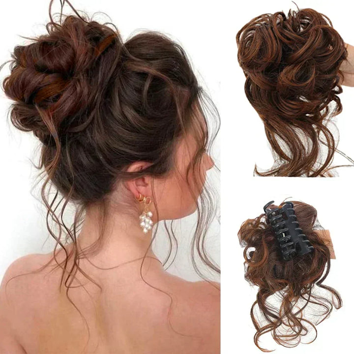 Effortless curly messy bun hair extension clip for women. Get instant volume & a chic updo.