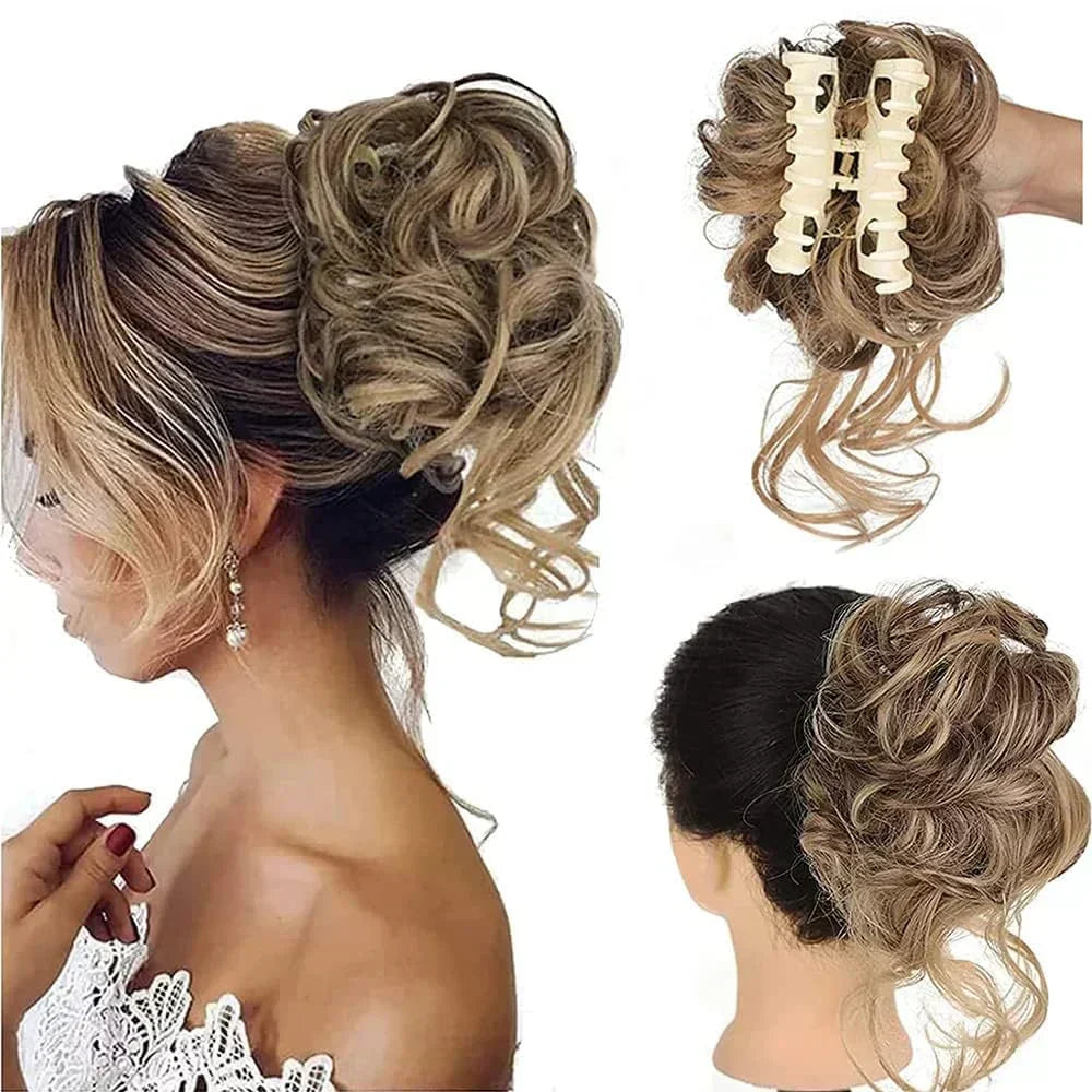 Quick & easy styling curly messy bun hair clip. Instant volume for a chic updo, women's hair.