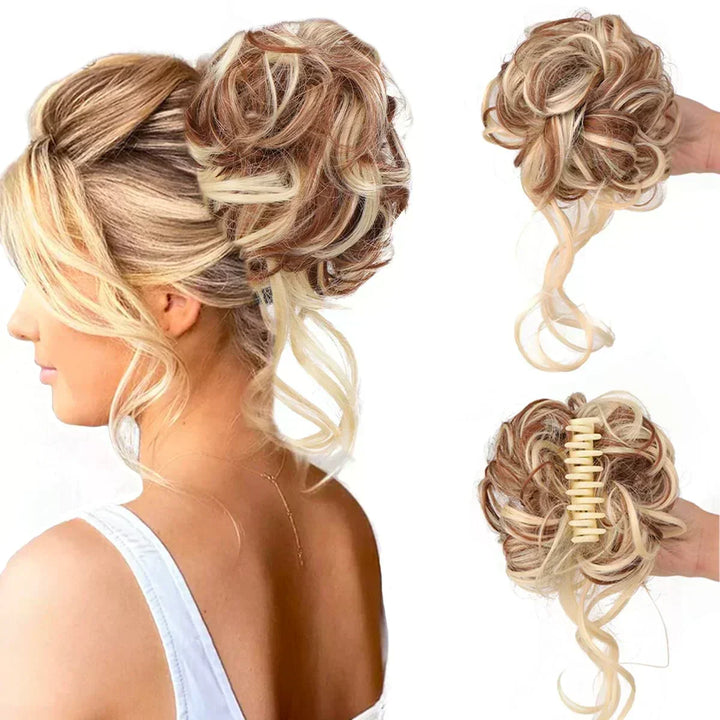Curly messy bun hair extension clip. Quick & easy style for instant volume & chic updo.