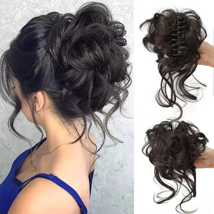 Instant messy bun hair clip for women. Achieve a full, curly updo with ease & volume.