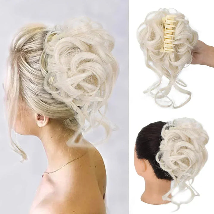 Natural-looking curly messy bun hair extension, clip-in for instant volume & a chic updo.