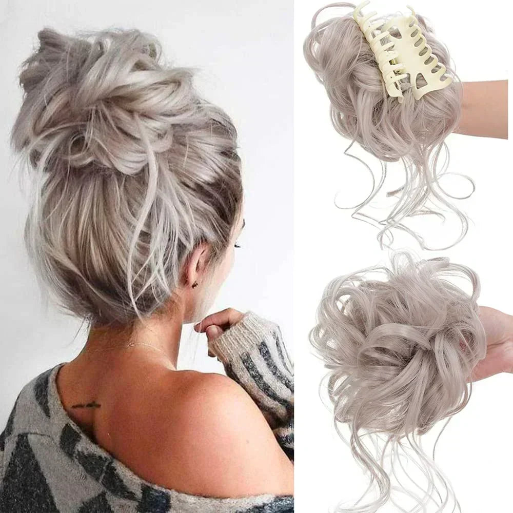 Quick style curly messy bun hair clip. Effortless updo for women, instant volume & fashion.