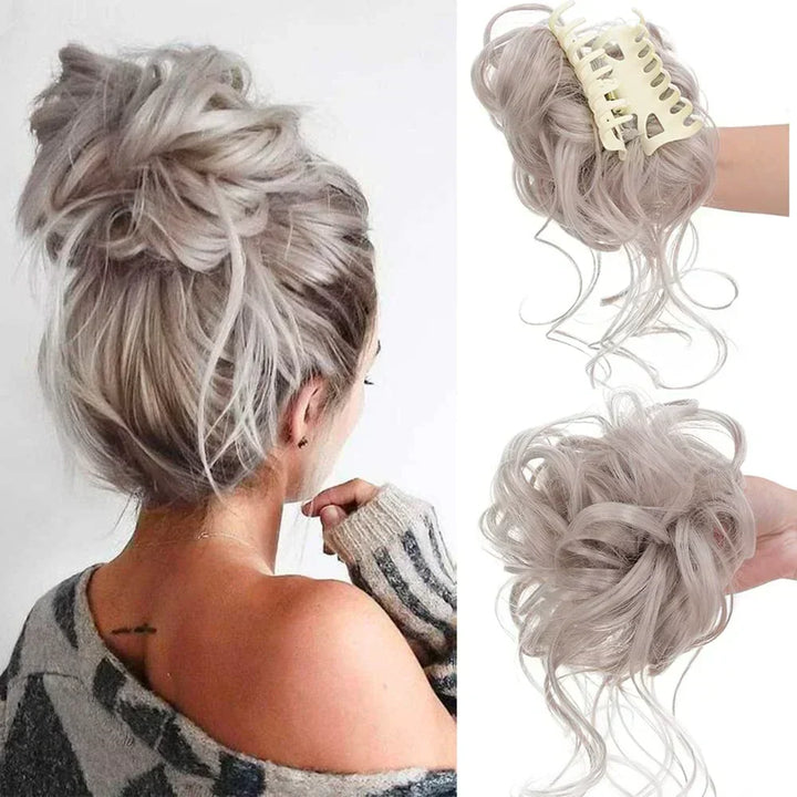 Quick style curly messy bun hair clip. Effortless updo for women, instant volume & fashion.