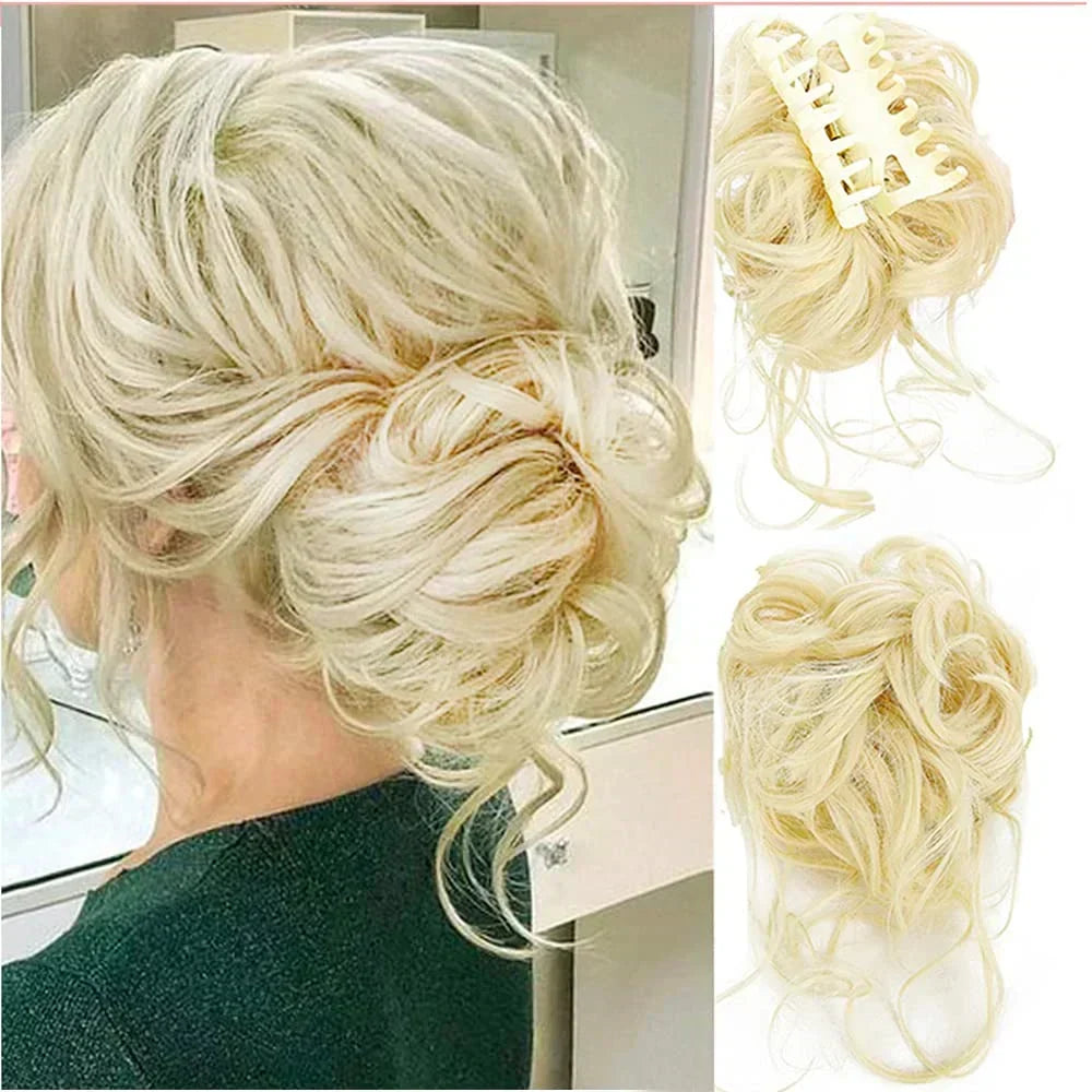 Women's hair extension clip for a voluminous, curly messy bun updo. Easy & instant style.