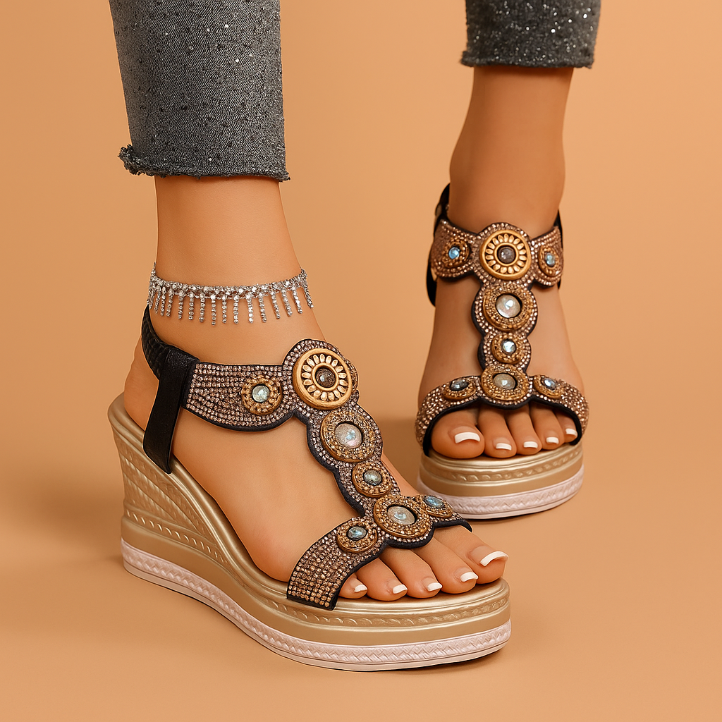 Women's jeweled wedge sandals with ankle strap. Comfortable platform walking shoes, perfect for summer vacations.
