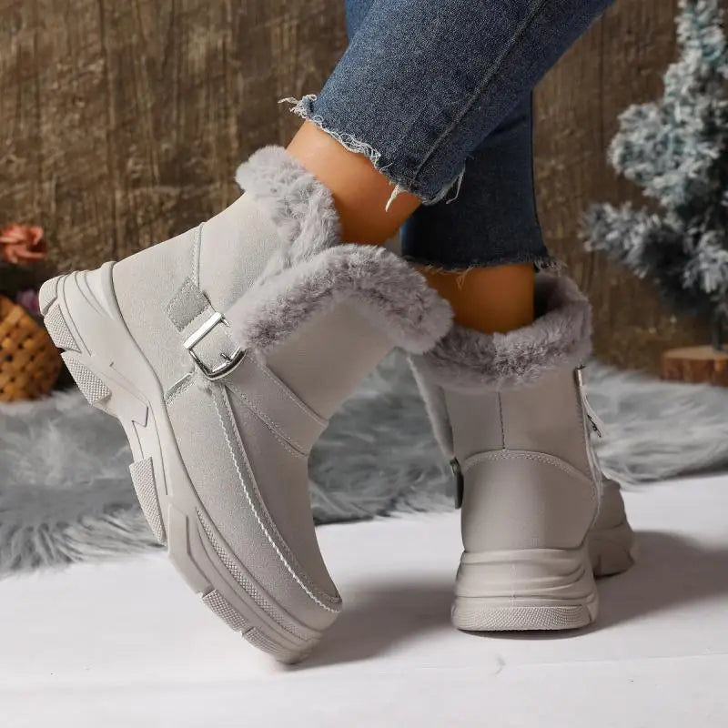 Front shot of women's khaki winter buckle boots, ideal for snow and cold