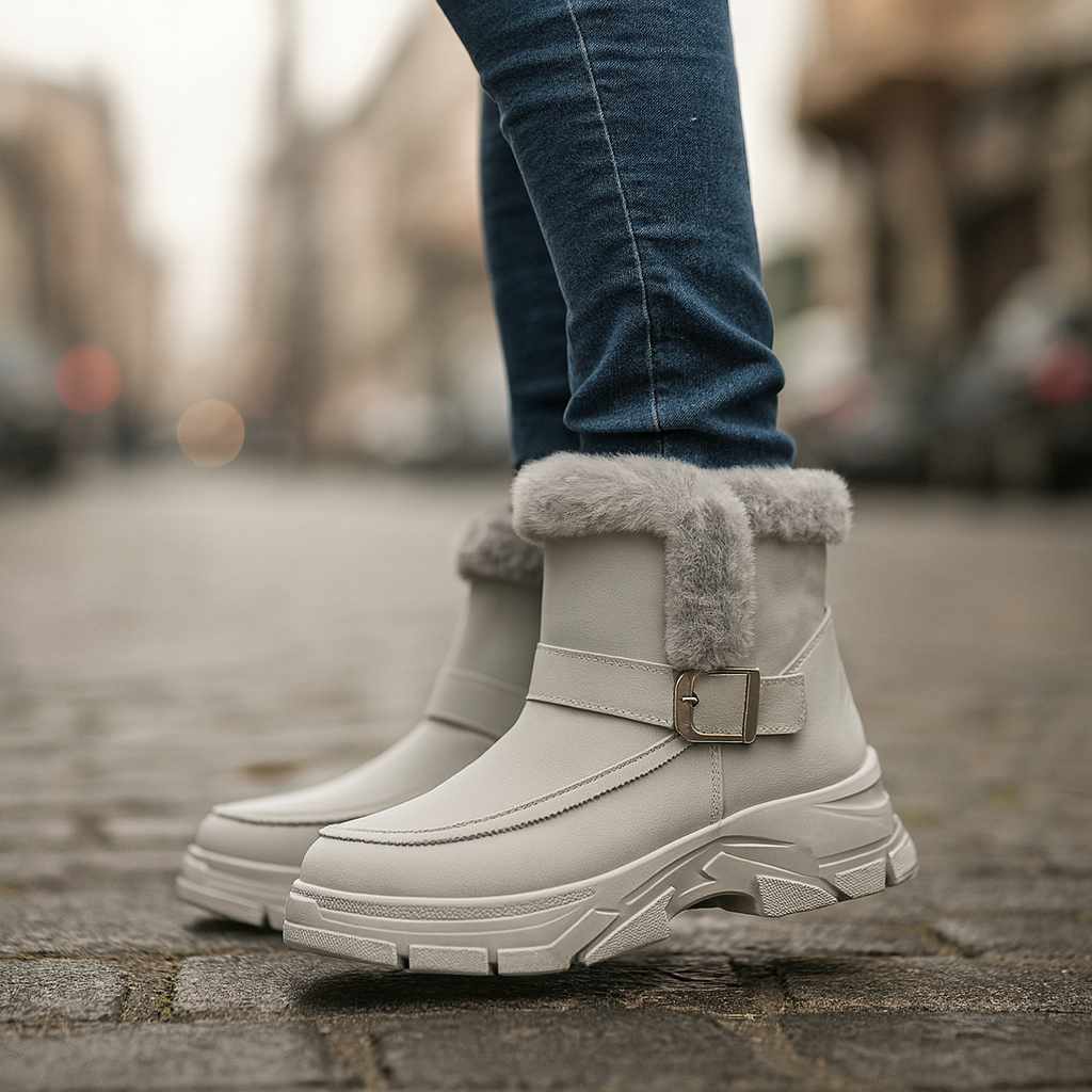 Close-up of faux fur lining in women's khaki winter boots with buckle detail