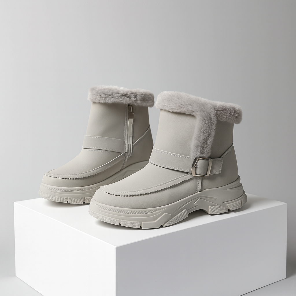 Pair of women's gray faux fur buckle boots, perfect for warmth and winter fashion