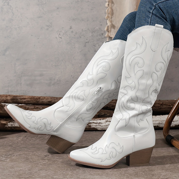 Embroidered red women's knee-high western boots with a comfortable block heel.