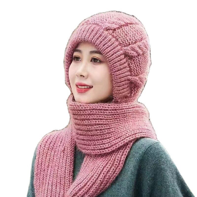 Full view of a women's beanie and scarf set, great for skiing and snowboarding