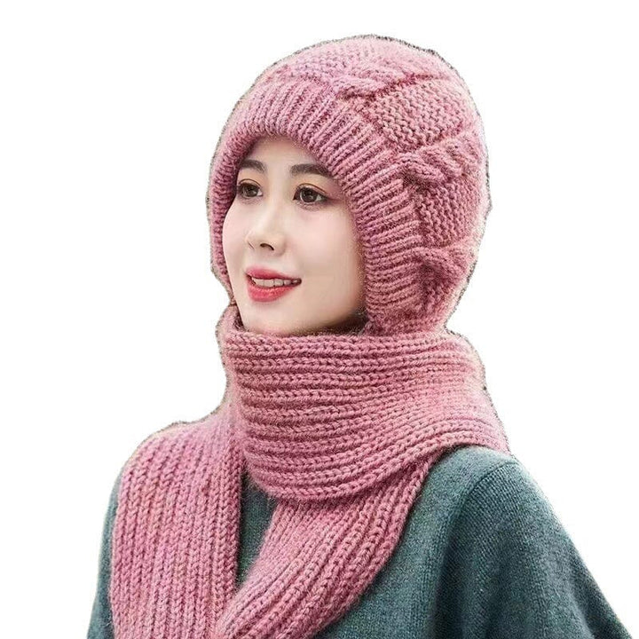 Full view of a women's beanie and scarf set, great for skiing and snowboarding