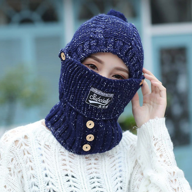 Winter accessory: women's knitted beanie hat with integrated neck warmer for ultimate warmth.