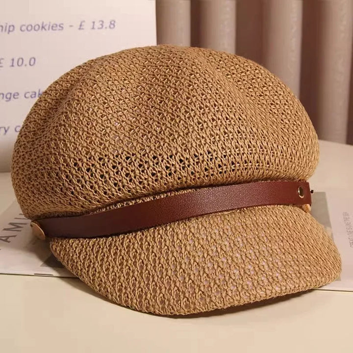 Close-up of the breathable knit pattern on a women's sun hat, summer beach accessory