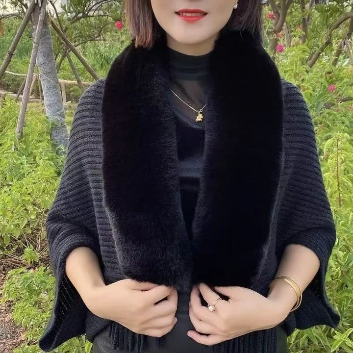 Soft faux fur detailed women's knitted shawl, a luxurious and cozy wrap accessory.