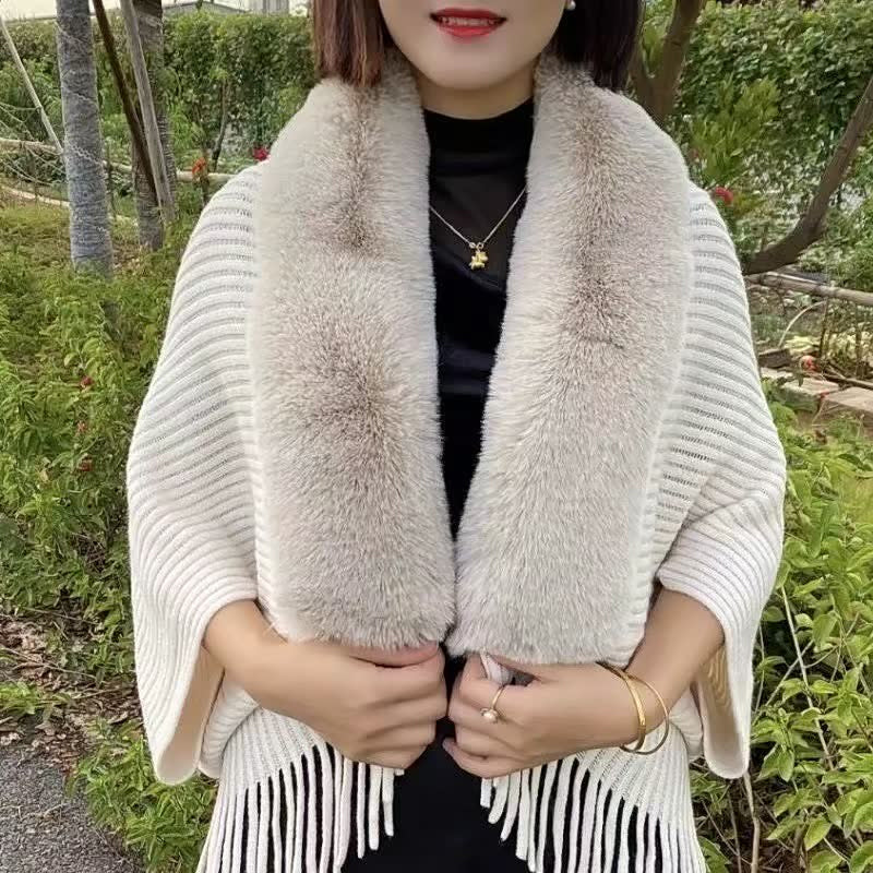 Holiday gift idea: Beautifully knitted women's shawl with faux fur trim, warm winter accessory.