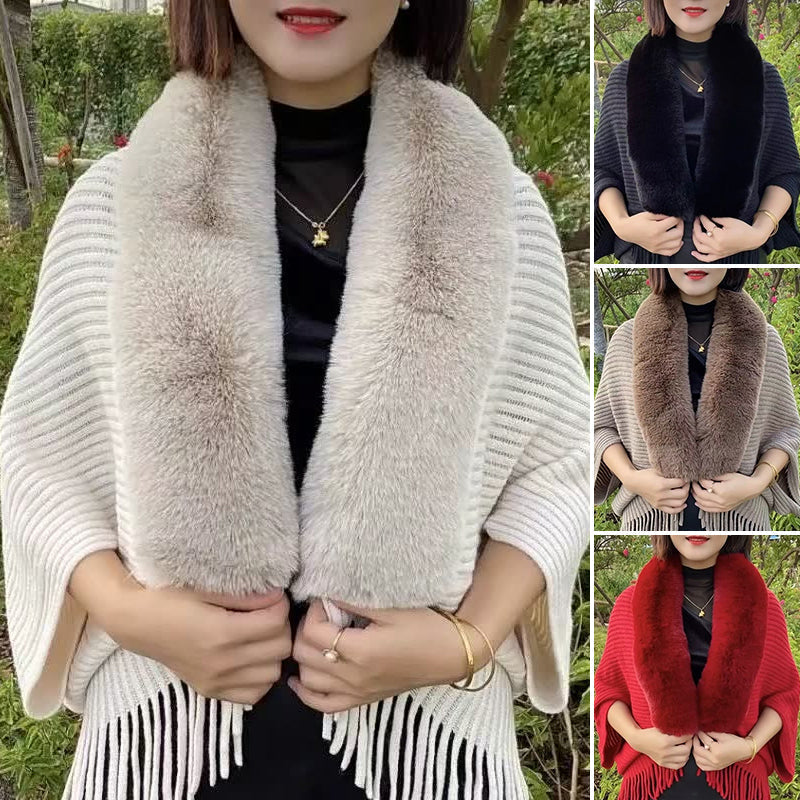 Creamy white knitted shawl for women, luxurious faux fur trim, perfect for cold weather.