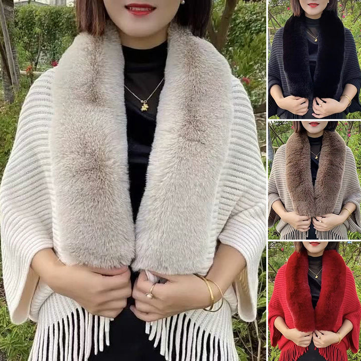 Creamy white knitted shawl for women, luxurious faux fur trim, perfect for cold weather.