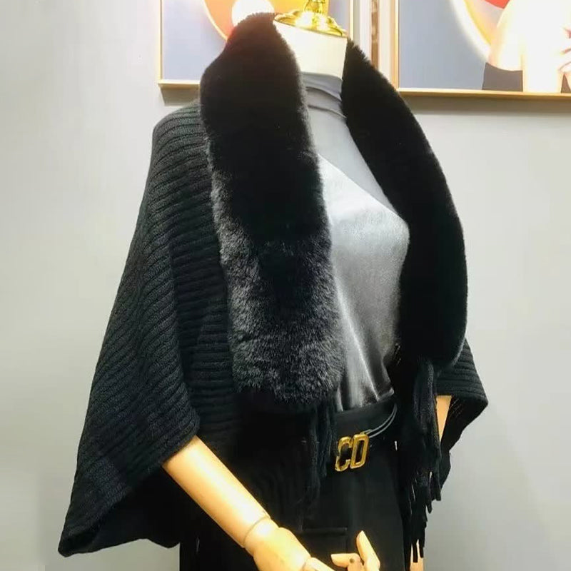 Stylish women's winter shawl, knitted design with an elegant faux fur collar and trim.