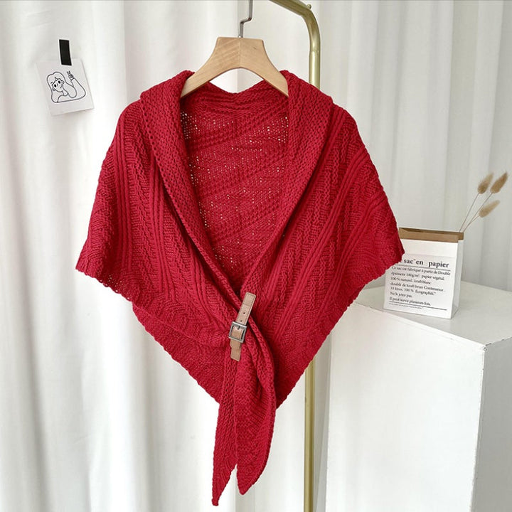 Women's reversible knitted triangle wrap, versatile styling options shown