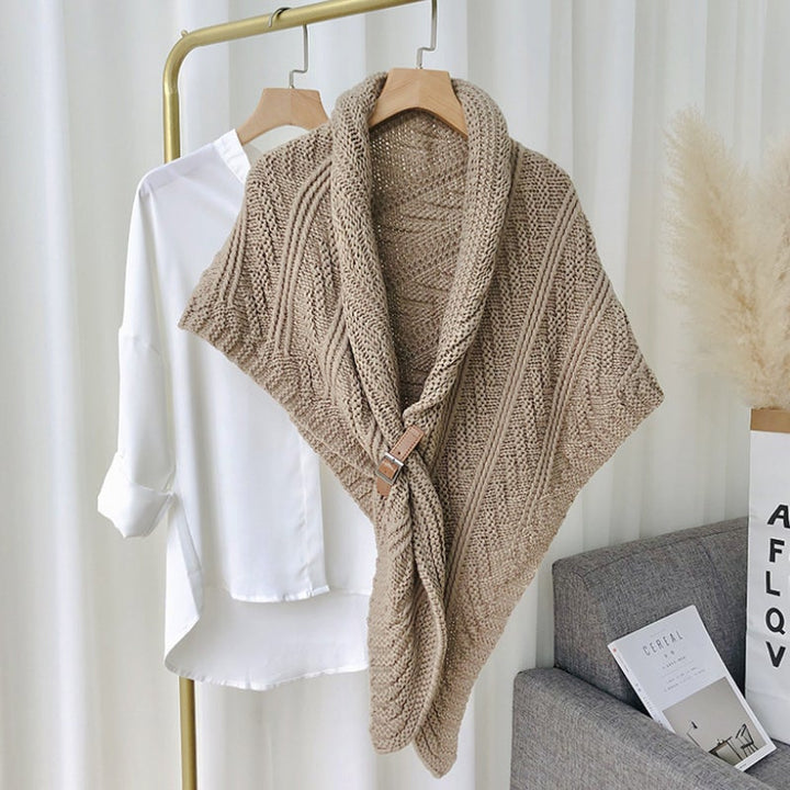 Mustard yellow knitted triangle shawl with buckle, trending winter accessory