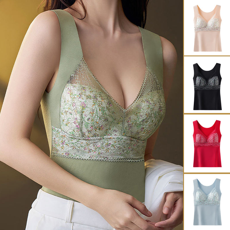 Women's lace thermal underwear top with built-in bra, cozy winter base layer
