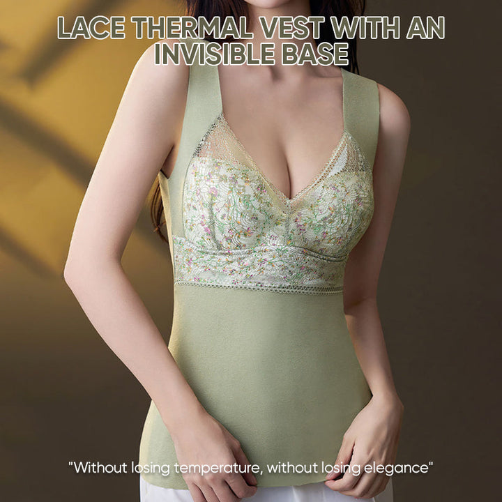 Women's winter thermal base layer, built-in bra, soft lace trim neckline