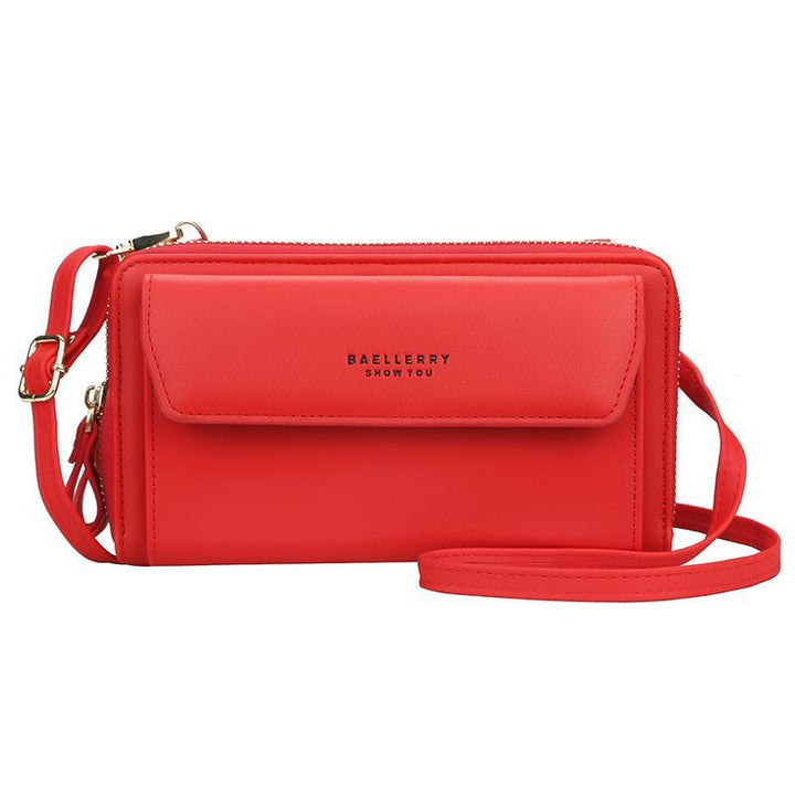 Side view of a women's large capacity crossbody bag, illustrating its slim yet spacious profile