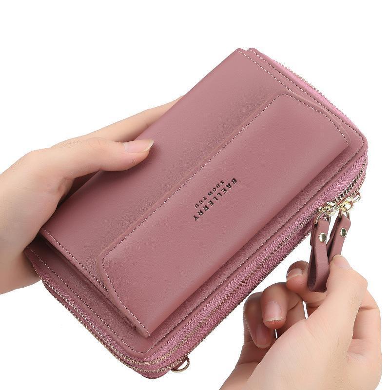 Front view of a women's PU leather phone bag, acting as a purse and wallet, perfect for travel