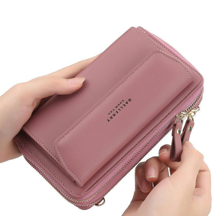 Front view of a women's PU leather phone bag, acting as a purse and wallet, perfect for travel