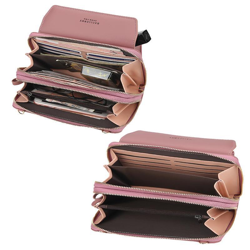 Detailed shot of the interior of a large capacity women's phone bag, showing multiple compartments