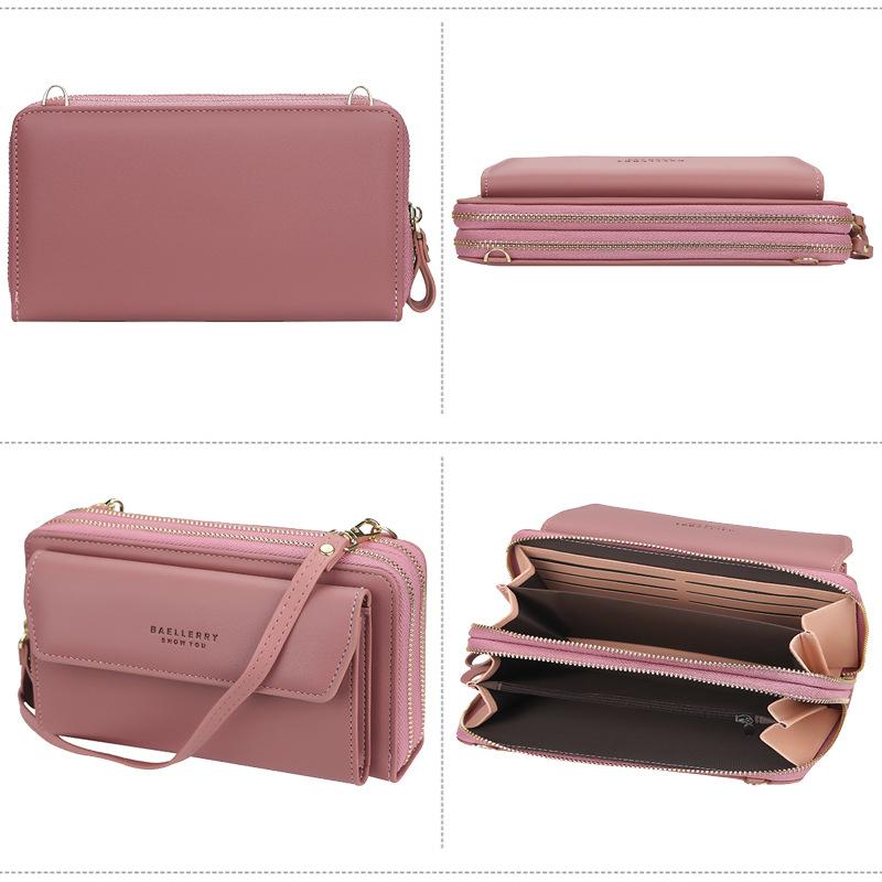 A women's crossbody phone bag in a vibrant color, emphasizing its stylish PU leather material