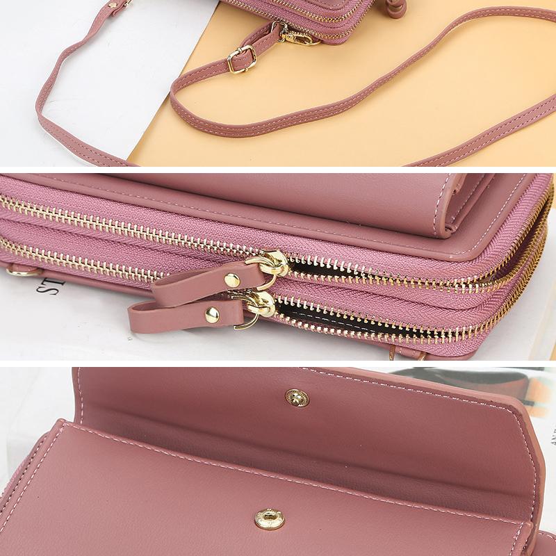 Women's large capacity phone bag worn as a crossbody, demonstrating its comfortable fit and design